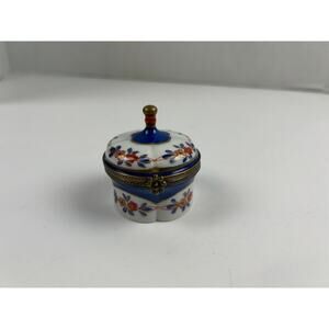 Charmat Limoges France Hand Painted Porcelain Trinket Box Floral Blue Gold